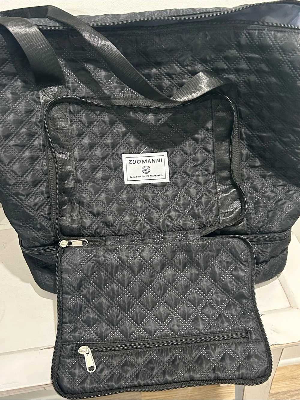 Zuomanni Quilted Black Weekender Tote Bag